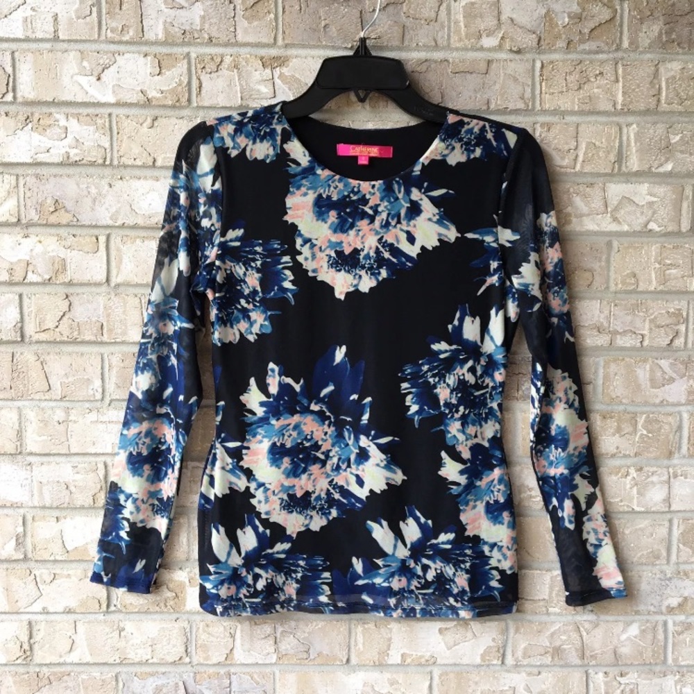 Catherine Malandrino Floral Chic Floral Mesh Top Small S